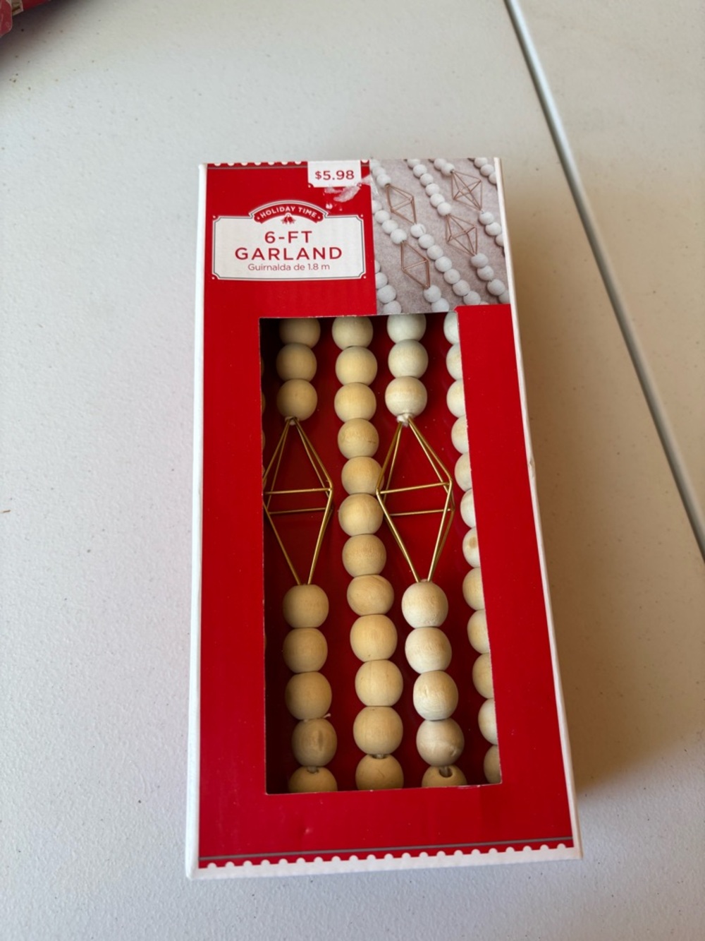 Holiday Time Cream Wood Bead Garland with Gold Geometric Accents